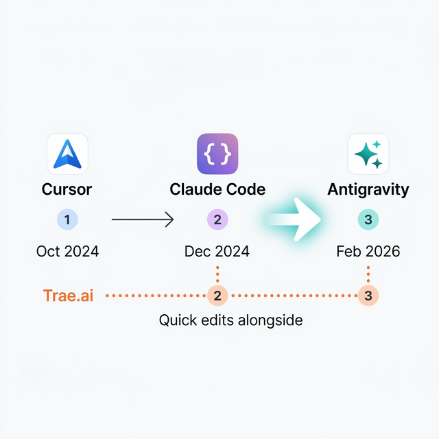 Our AI coding tool migration: Cursor → Claude Code → Antigravity, with Trae.ai running alongside for quick edits